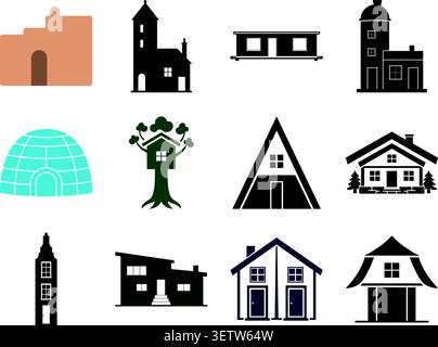 A flat illustration set featuring various house and building types. Stock Vector