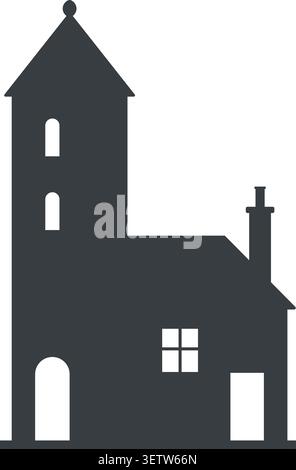 Flat illustration of a tall dark tower house connected to a smaller building with windows chimney and an arched entry Stock Vector
