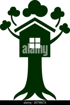 Flat illustration of a house integrated into a tree trunk with leafy branches roots and a square window Stock Vector