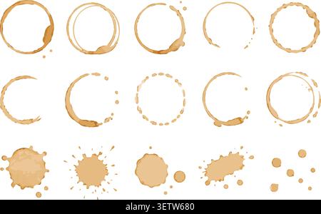 Collection of hand painted coffee cup rings, stain marks, splashes, drips and splatters Stock Vector
