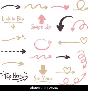 Hand-drawn pastel arrow collection in a soft minimal doodle style, including curved, straight, dashed, and decorative arrows with call-to-action eleme Stock Vector