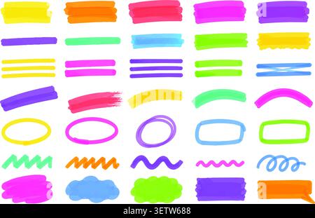 Collection of colorful hand drawn highlighter marks, brush strokes, circles, scribbles, highlights and doodle annotations. Stock Vector