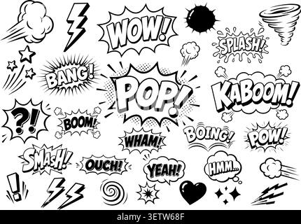 Collection of comic style sound effect words, speech bursts, explosions, motion effects, symbols, and action elements in black and white. Stock Vector