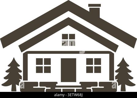 Flat illustration of a large cottage style house with layered gabled roofs front porch shrubs and pine trees Stock Vector