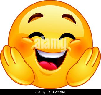 Happy emoji with closed eyes and hands on cheeks, expressing joy and excitement Stock Vector