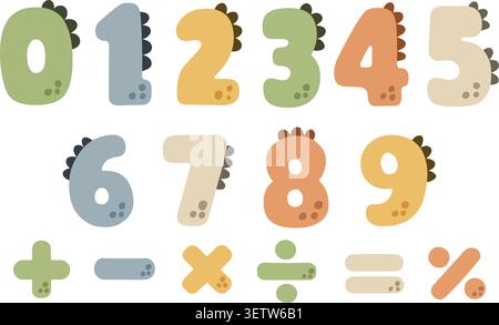 Cute Dinosaur Numbers and Math Symbols Set Stock Vector