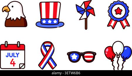 Cartoon icon collection featuring patriotic Independence Day elements including an eagle, Uncle Sam hat, pinwheel, award ribbon, calendar, awareness r Stock Vector