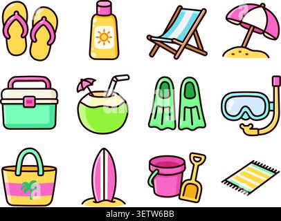 Cartoon summer icon collection featuring beach vacation essentials including flip flops, sunscreen, deck chair, umbrella, cooler, coconut drink, flipp Stock Vector