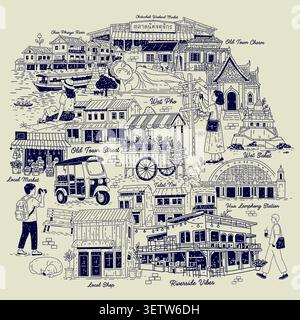 A vintage hand-drawn doodle vector illustration showcasing iconic Bangkok old city landmarks and cultural lifestyle,Perfect for Thailand travel concep Stock Vector