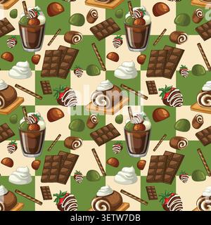 Flat vector illustration of chocolate bars, swiss rolls, and matcha parfaits on checkered background. Stock Vector