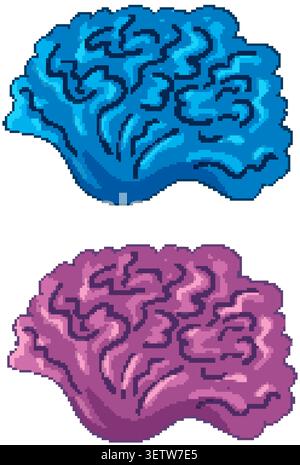 Two stylized human brain icons in blue and pink colors with cartoon line art style Stock Vector