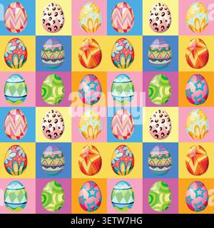 Vibrant vector illustration of patterned eggs arranged in a repeating grid on multicolored squares. Stock Vector