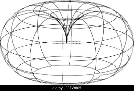 3D wireframe torus with intersecting circular and elliptical lines, abstract geometric illustration for mathematics, physics Stock Vector