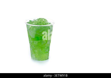Green Frozen Slushie Drink in Plastic Cup Isolated on White Background Stock Photo