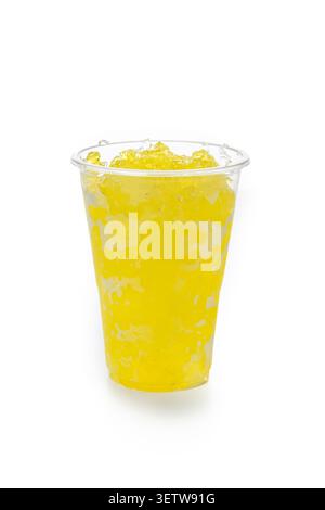 Yellow Frozen Slushie Drink in Plastic Cup Isolated on White Background Stock Photo