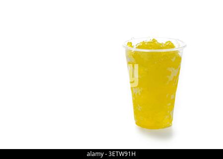 Yellow Frozen Slushie Drink in Plastic Cup Isolated on White Background Stock Photo