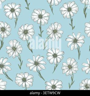 Tender blue pattern with white chamomile flowers Stock Vector
