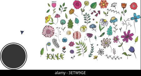Set of Cute Hand Drawn Colorful Flowers and Herbs Stock Vector
