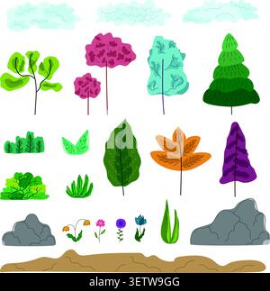 Set of colorful fantasy abstract trees, grass Stock Vector