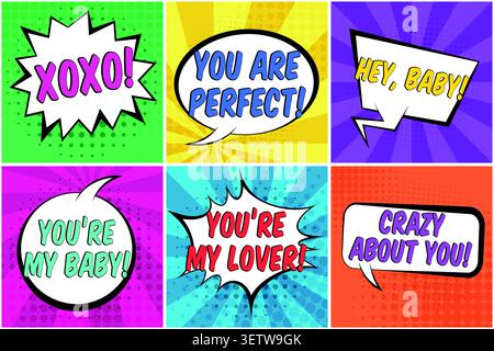 Cute St. Valentines retro comic speech bubbles set Stock Vector