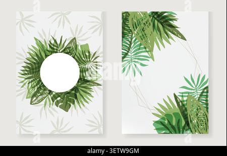 Set of Elegant green frames of tropical leaves Stock Vector