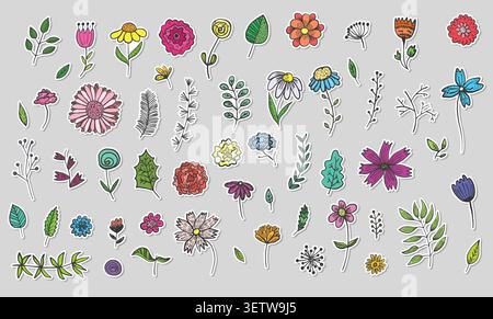 Set of Cute Hand Drawn Colorful Flowers stickers Stock Vector