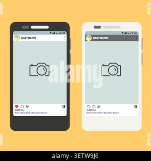 Flat vector smartphone with open social network app with post place for photo, phone mockup template Stock Vector
