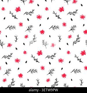 Contrast black and red ink flowers pattern Stock Vector