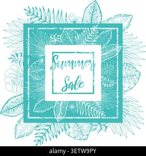 Bright blue summer square frame of tropical leaves Stock Vector