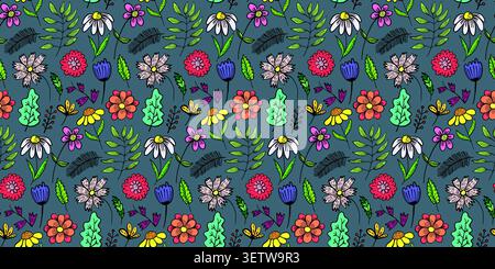 Dark doodle floral pattern with colorful flowers Stock Vector