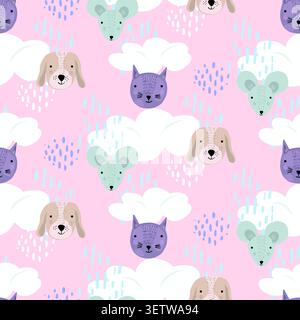Cute pink cartoon pattern with cats, dogs and mice Stock Vector