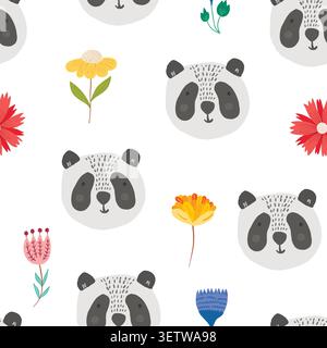 Cute cartoon pattern with panda heads and flowers Stock Vector