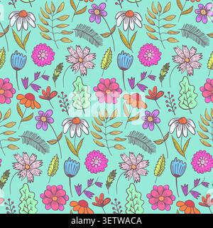 Bright teal floral pattern with color flowers Stock Vector
