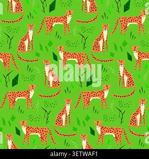 Childish cartoon pattern with hand drawn jaguars Stock Vector