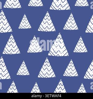 Blue winter seamless pattern with white snowy striped geometric trees. Abstract Christmas texture Stock Vector