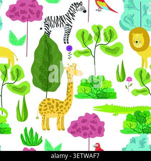 Cute pattern with cartoon jungle animals in forest Stock Vector