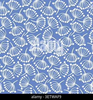 Cute summer floral seamless pattern with doodle white abstract dandelions on blue background Stock Vector