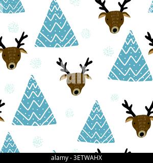 Cute seamless pattern with cartoon brown deers heads with antlers, blue fir trees and light snowflakes Stock Vector