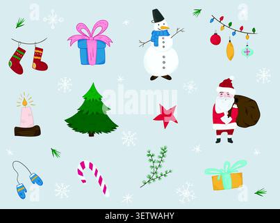 Cute cartoon set of bright Christmas elements Stock Vector
