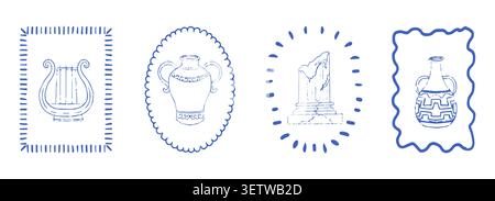 Greek stamps, blue hand drawn sketch Mediterranean style stickers, ancient signs, and summer vacation elements. Crayon doodle coastal grunge border. . Vector illustration Stock Vector