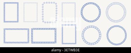Greek key frames and borders set. Doodle hand drawn vintage crayon ornament. Repeated geometric motif. Decorative ancient meander. Elegant isolated blue borders. . Vector illustration Stock Vector