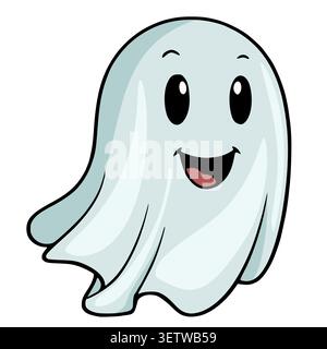 Cheerful cartoon ghost illustration vector, friendly spirit with wide smile and big eyes, isolated on white background Stock Vector