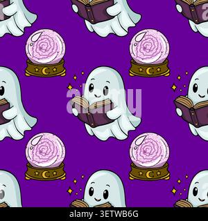 Adorable ghost reading a magic book with a crystal ball, seamless vector pattern Stock Vector