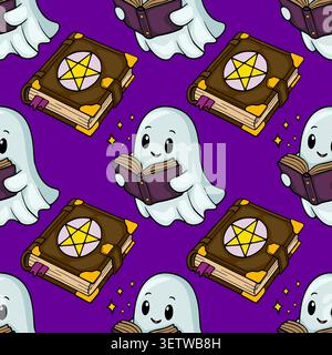 Cute ghost reading magical spellbook vector pattern for Halloween Stock Vector