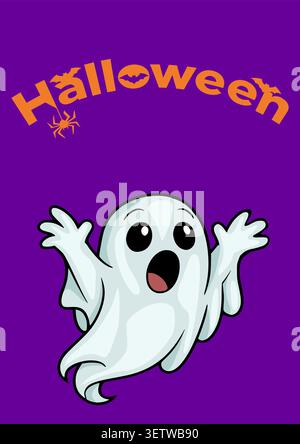 Cute vector illustration of a surprised ghost with outstretched arms and the word "Halloween" in bold orange lettering with a spider and bat motif aga Stock Vector