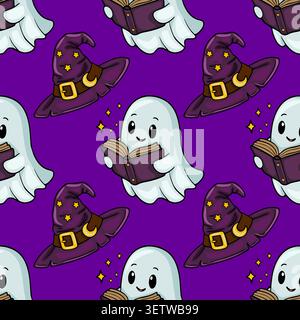 Cute ghost reading a book and witch hat seamless pattern vector illustration Stock Vector