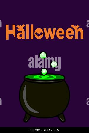 Spooky Halloween vector poster with a bubbling cauldron and bats Stock Vector