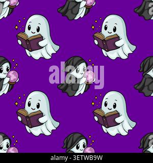 Cute Halloween ghost vector pattern with magical book and crystal ball Stock Vector