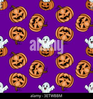 Seamless Halloween pattern vector with cute grinning jack-o'-lanterns and playful ghosts on a vibrant purple background Stock Vector