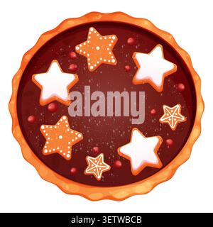 Christmas chocolate cake, pie with cranberries, star shape gingerbread traditional holiday dessert top view in cartoon style isolated on white background. Vector illustration Stock Vector